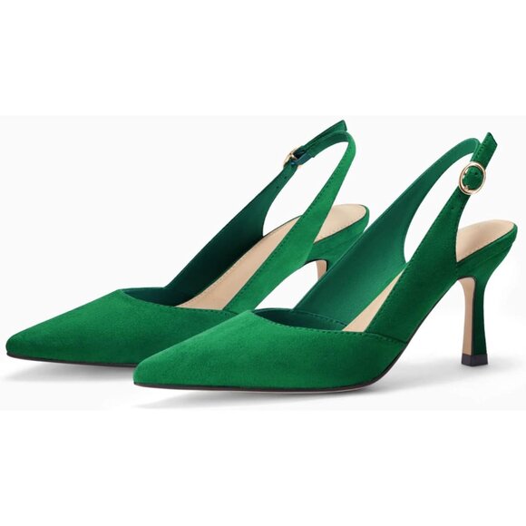 👑Women Green Slingback Kitten Heels Closed Pointed Toe Elegant Dress Pump Shoes